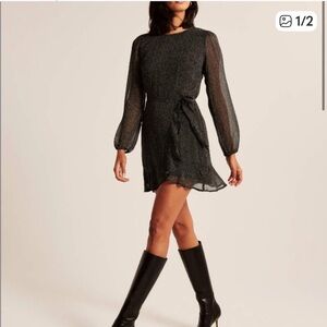 A&f crew neck long sheer puff sleeve wrap chiffon dress